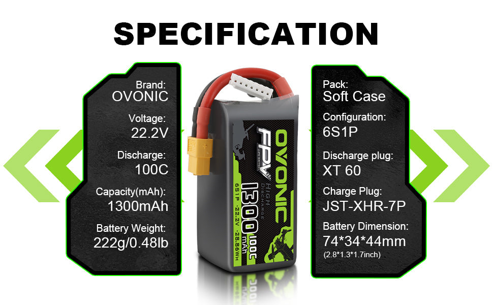 Ovonic 100C 6S 1300mAh LiPo Battery 22.2V Pack-XT60 (4-pack)