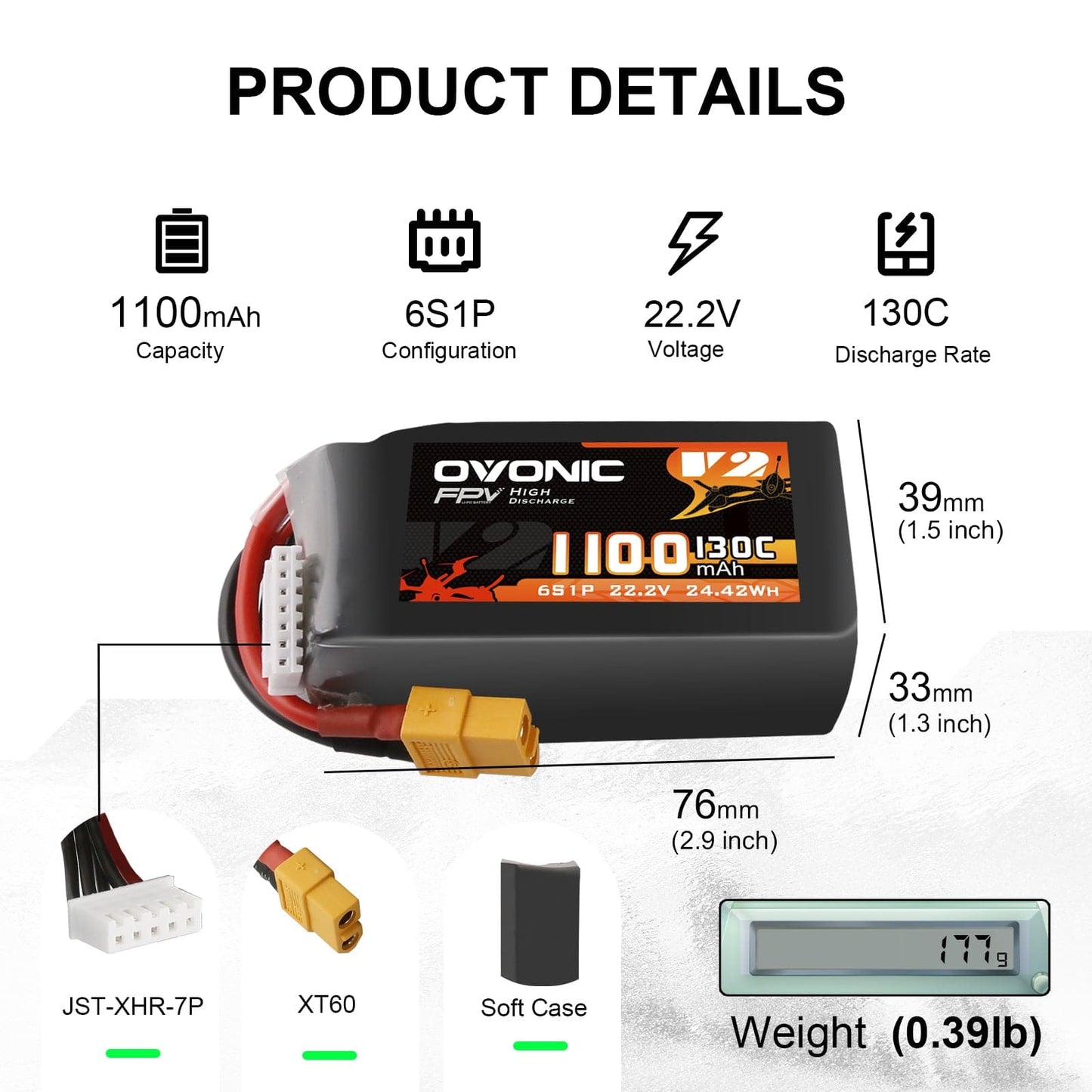 Ovonic 130C 6S 1100mah Lipo Battery 22.2V Pack - XT60 (2 Pack)