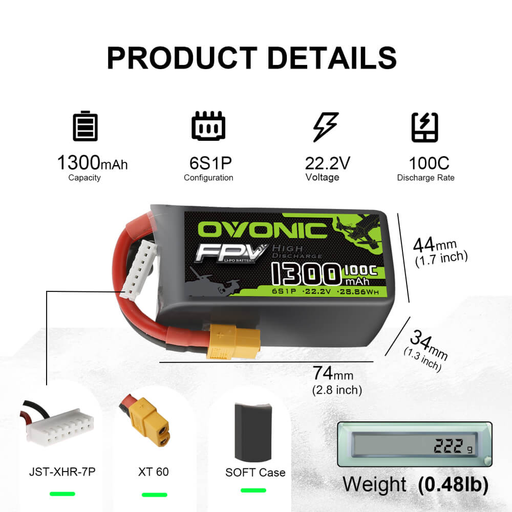 Ovonic 100C 6S 1300mAh LiPo Battery 22.2V Pack-XT60 (4-pack)